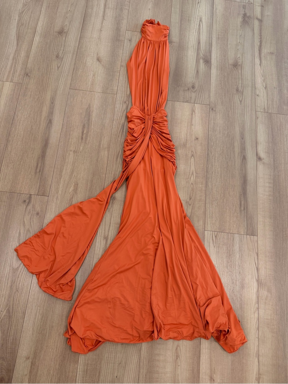Halter Orange Ruched Maxi Dress